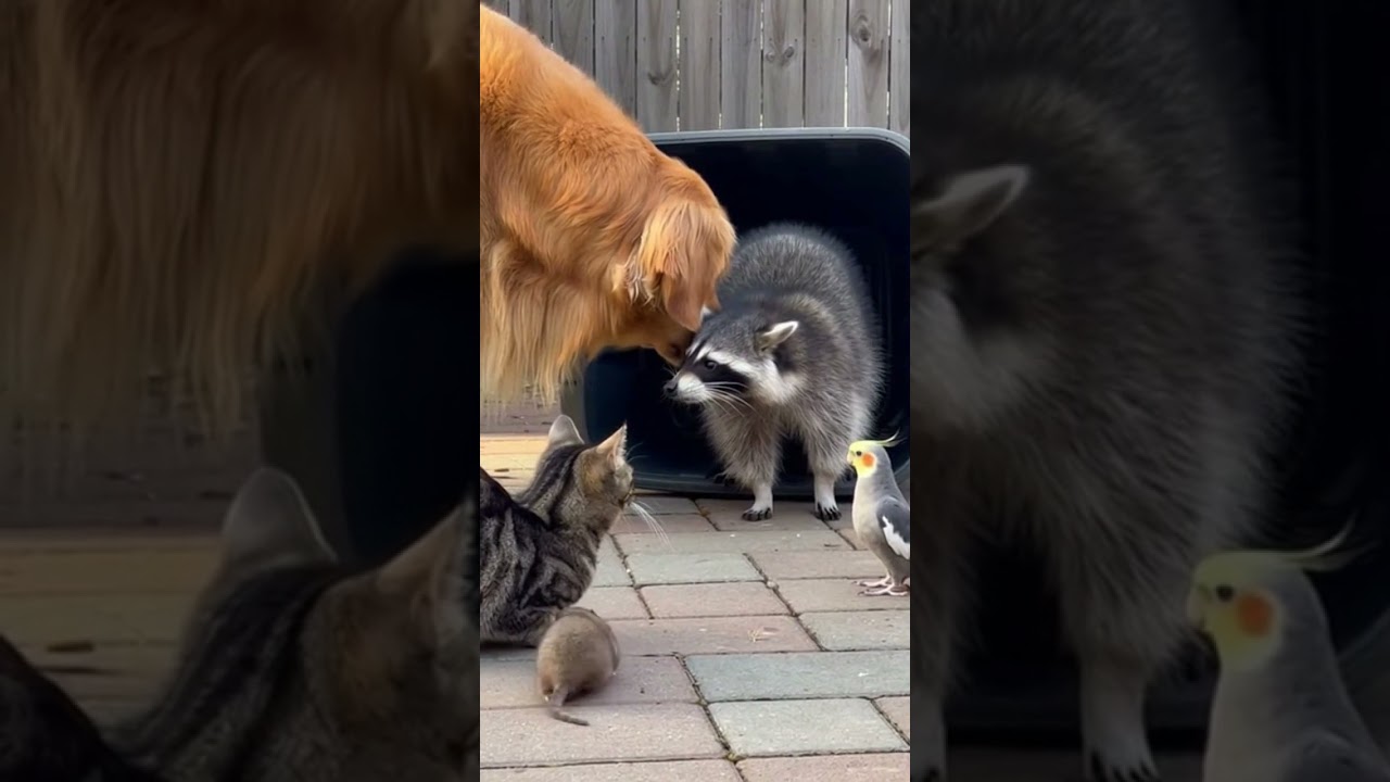 Raccoon under investigation by adorable pet sneaky furry detective 