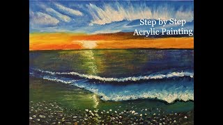 sunset acrylic painting beginners ocean step easy orange waves seascape