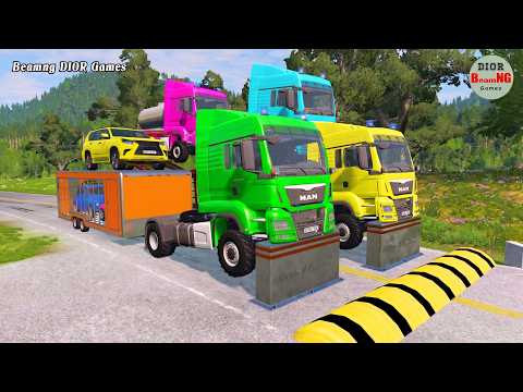 Double Flatbed Trailer Truck vs speed bumps|Busses vs speed bumps|Beamng Drive|1471