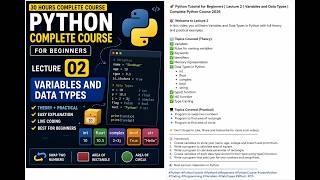 Python Tutorial For Beginners | Lecture 2 | Python Variables and Data Types | Complete Python Course