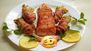 Grilled Salmon And Grilled Enoki Mushroom With Bacon