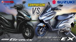 Full Comparison of  Yamaha Gravis VS  Suzuki Burgman Street EX - Price Specs Features Battle of 125