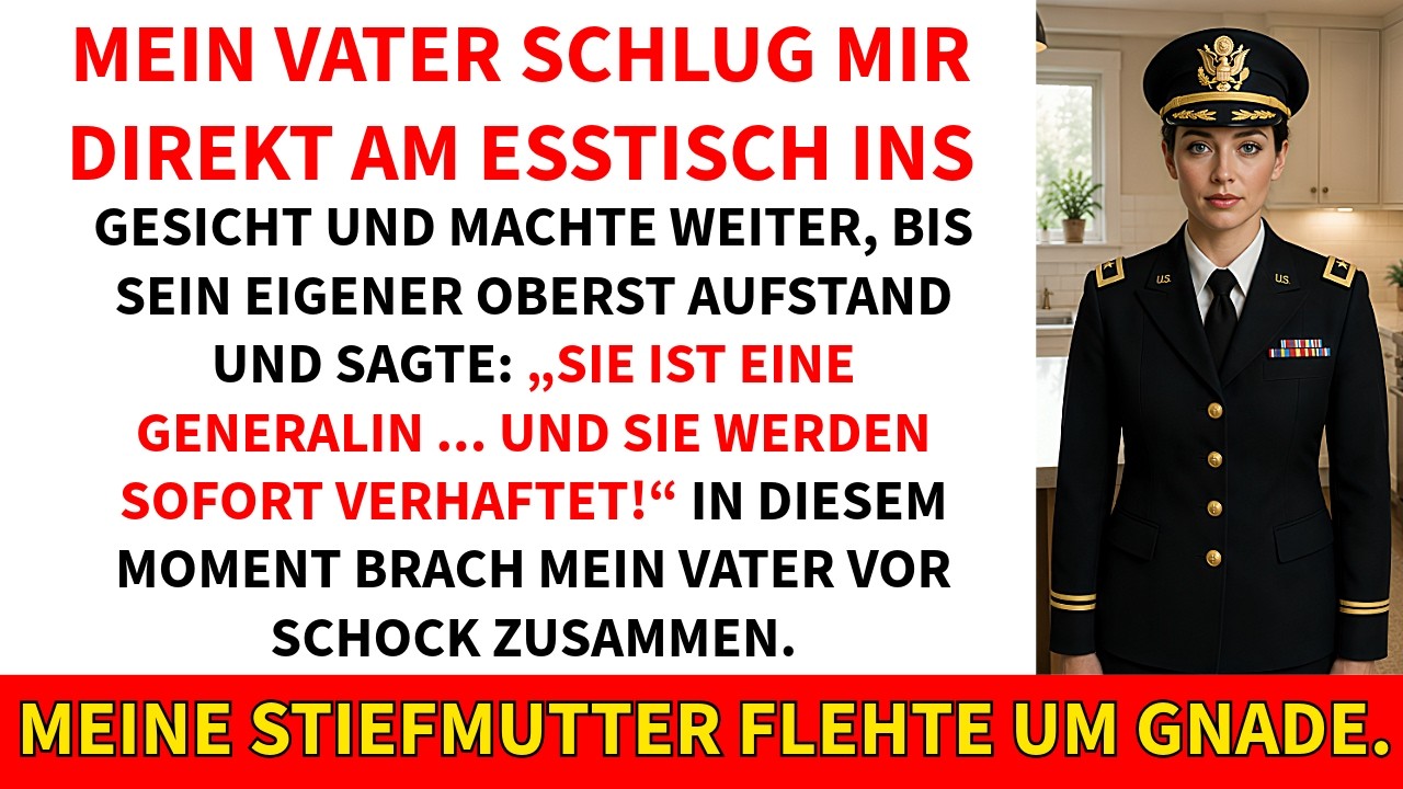 Ich bin 42, Generalin der US-Armee – und vor versammelter Familie hat mein Vater mir ins Gesicht geschlagen. Die Oberstin neben mir stellte nur ihr Weinglas ab und fragte: „Schlagen Sie Ihre...