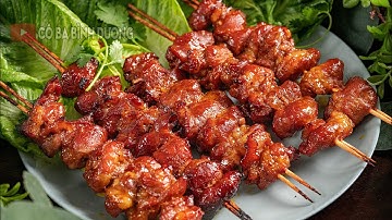 Thịt Nướng Xiên Que, Thịt Nướng Lụi với công thức ướp đặc biệt của Cô Ba, mềm thơm không bị khô