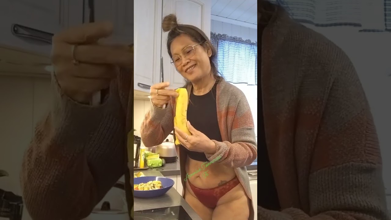 Older Asian Lady Cooking While Wearing Fancy Red Lace Panties - She Has Very Cute Underwear!