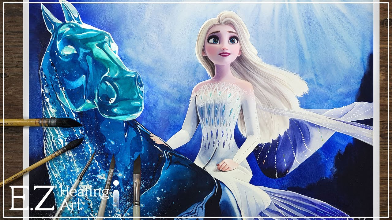 [이지힐링아트]Frozen2_Elsa drawing/겨울왕국2 머리푼엘사그리기/수채화 손그림 - character drawing