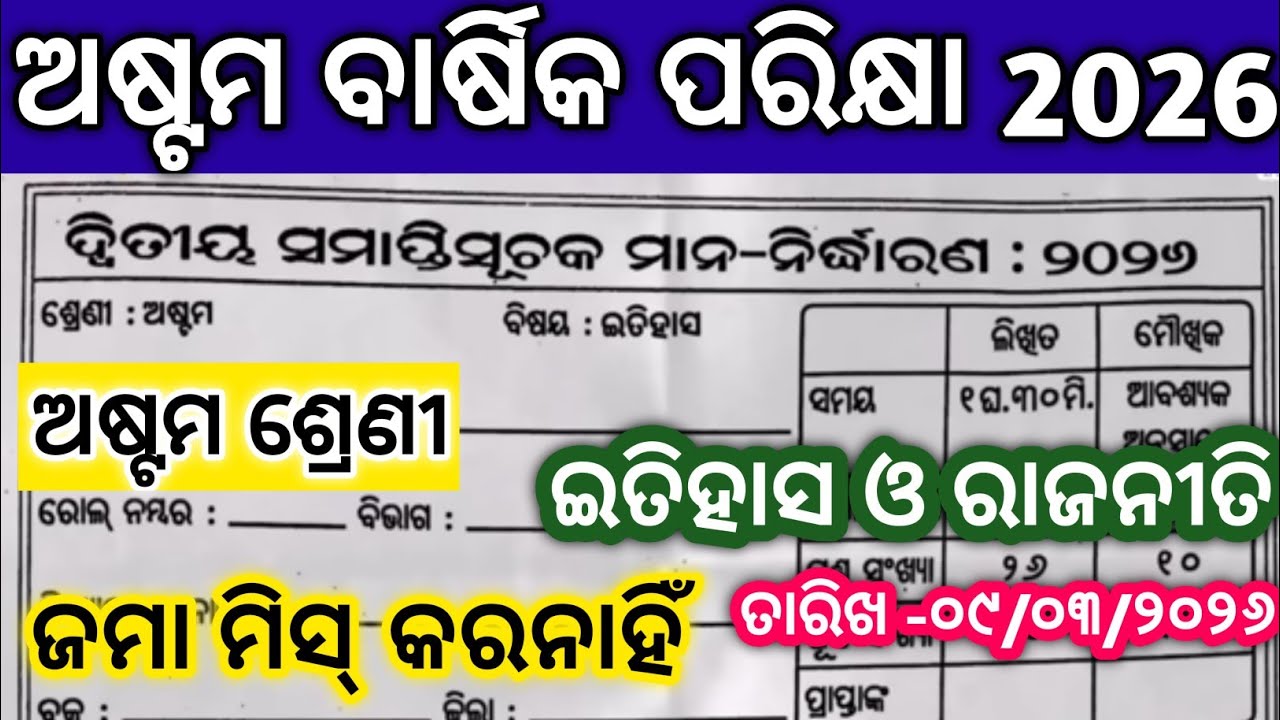 8th class annual exam 2026 history question paper /8th class annual exam history question paper 2026