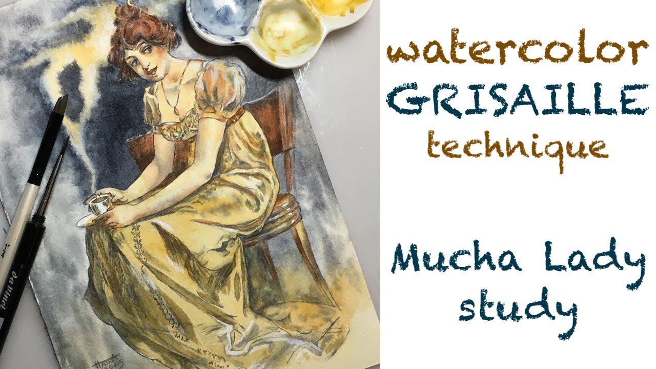 Grisaille Watercolor Mucha Lady