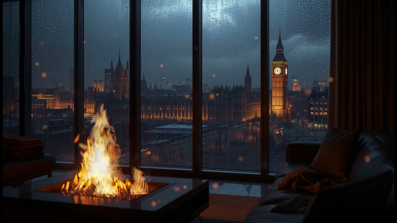 Soothing Jazz Piano & Gentle Rain Sounds | Cozy London Apartment Fire Ambience for Relaxing | NO ADS