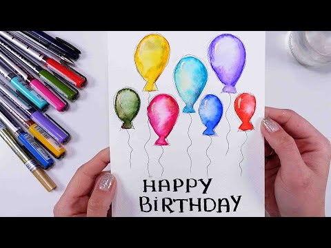 5 MINUTES Birthday CARD - how to paint & draw balloons using Markers @karinmarkers
