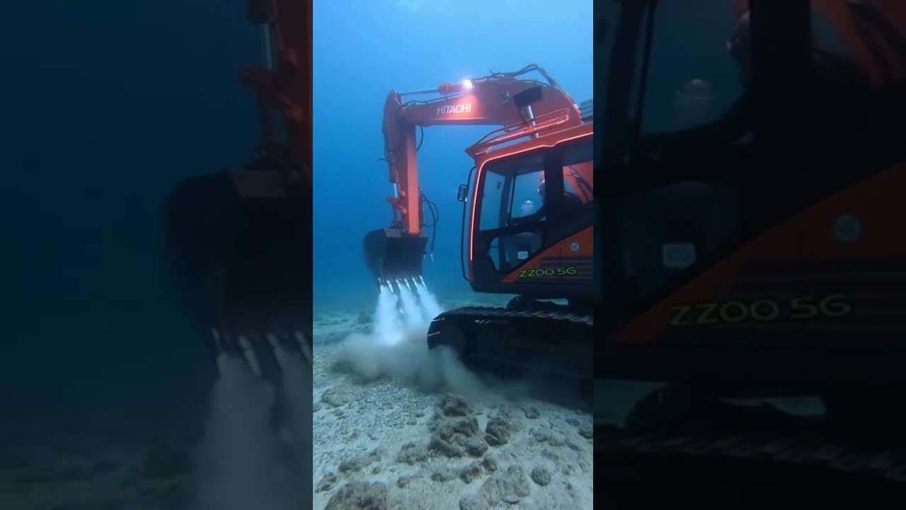 Экскаватор работает в воде, роет ямы для прокладки водопроводных труб и кабелей. 