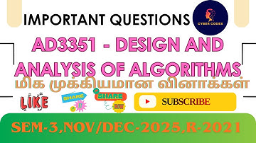 AD3351 – Design and Analysis of Algorithms Important Questions | Unitwise Expected Questions | R2021