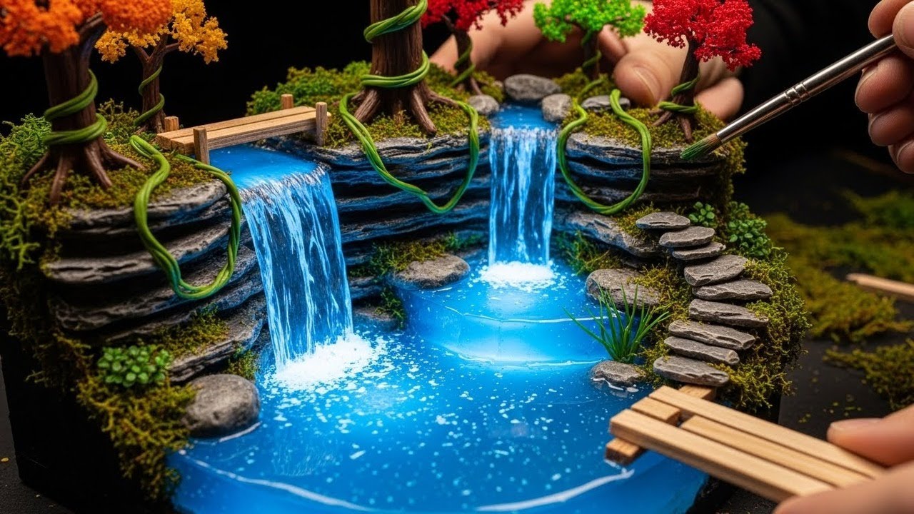 Building a Miniature Waterfall Diorama From Scratch — Full Creative Craft Process, Resin Water,