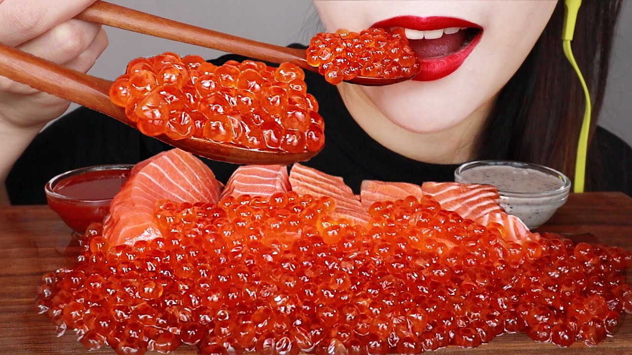 ASMR SALMON, SALMON ROE 연어회, 연어알 먹방 MUKBANG EATING SOUNDS.