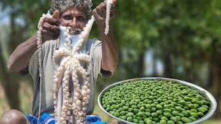 Cooking Live Octopus In My Village! Octopus With Green Peas Curry! Cooking And Planting Trees