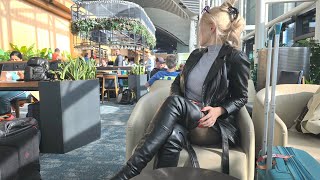 4K,Granate Travelling On Her Way Home From Istanbul, Flying, Miniskirt, Short Coat, Thigh High Boots