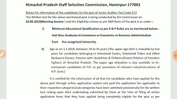 HPSSSB Hamirpur Junior auditor & Steno typist post code 672 & 673 exam Qualifications