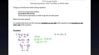 Pre-Algebra 7-5 Concept Guide: Solving Equations with Variables on Both Sides