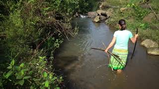 Survival Skills : Ethnic Girl Catches Fish In The Stream Stolen By Forest People