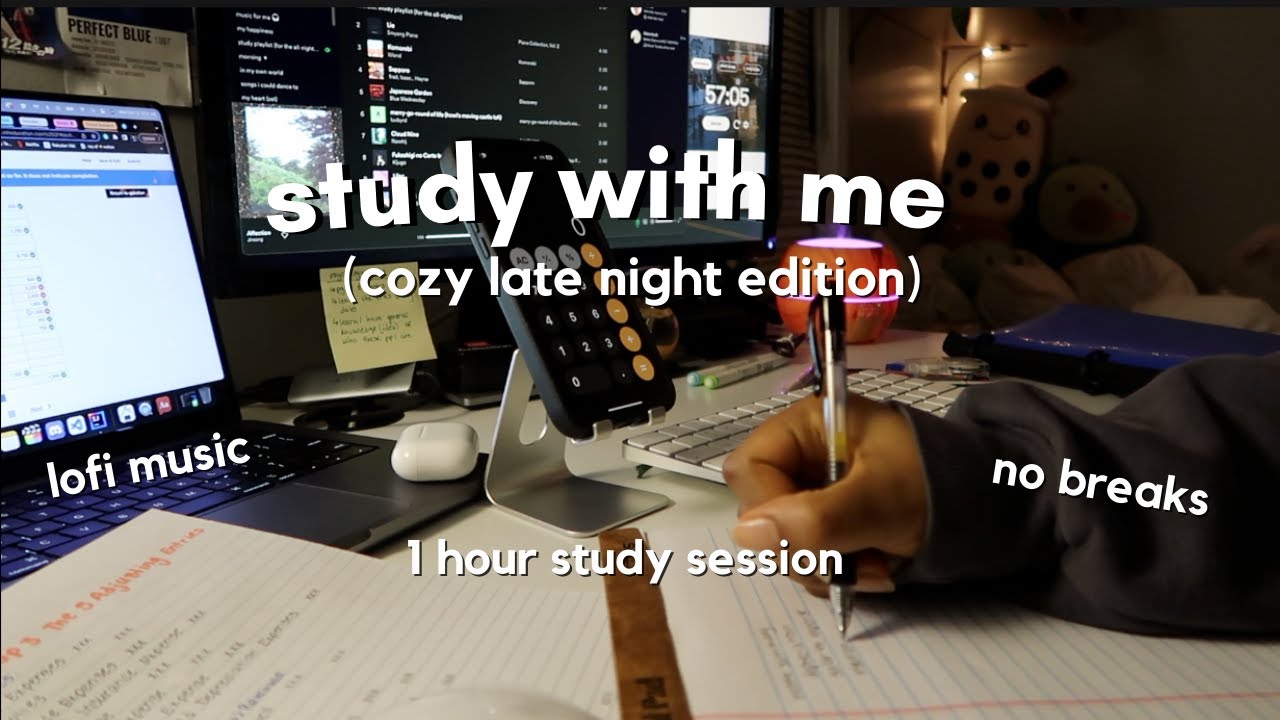1 HOUR STUDY WITH ME | cozy late night 🌙, lofi music, background noises ...