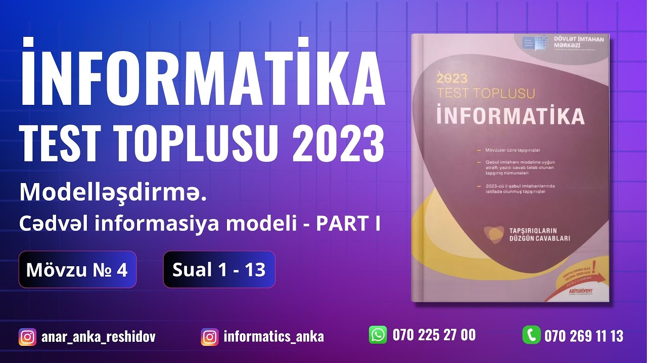 DİM İnformatika test toplusu Mövzu4. Modelləşdirmə. Cədvəl informasiya modeli. Part 1 [1-13]