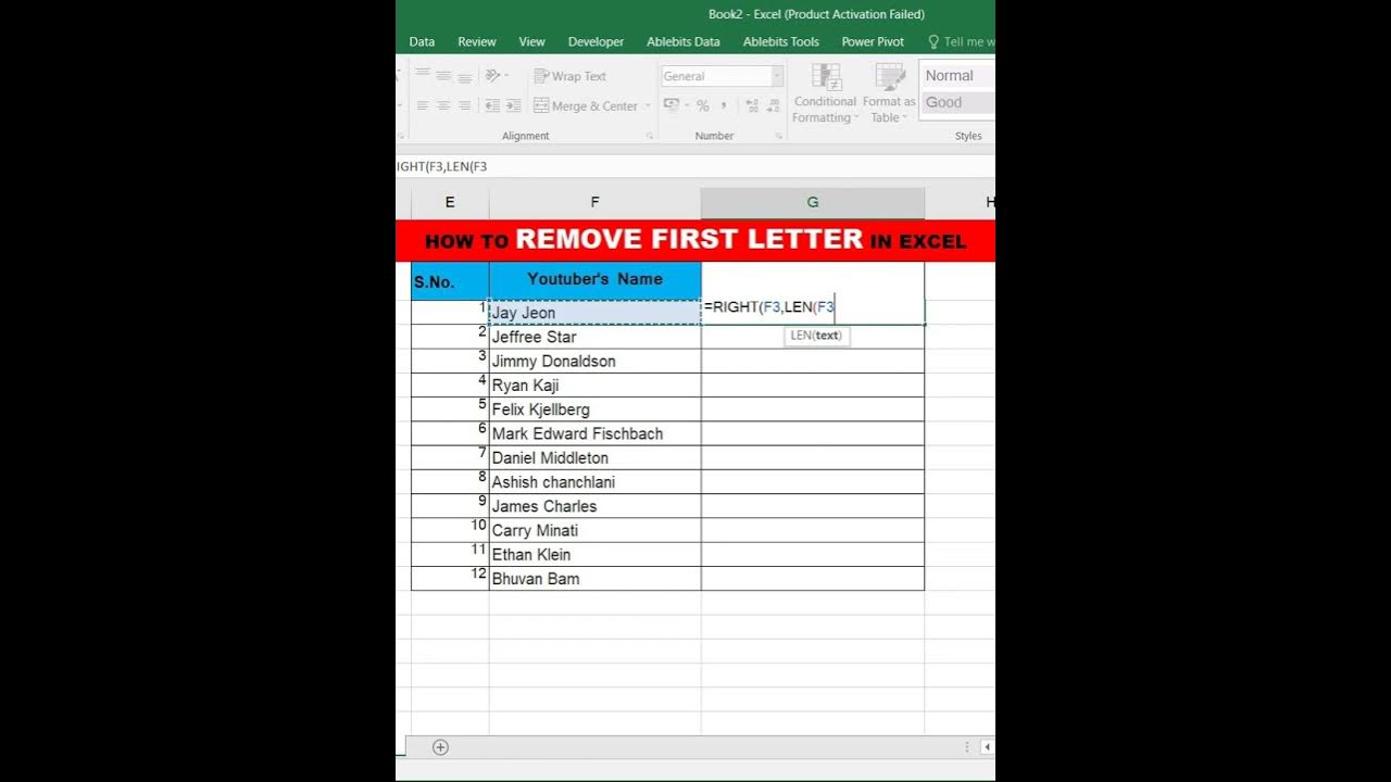 how-to-remove-first-letter-in-excel-i-rightfunction-exceltips