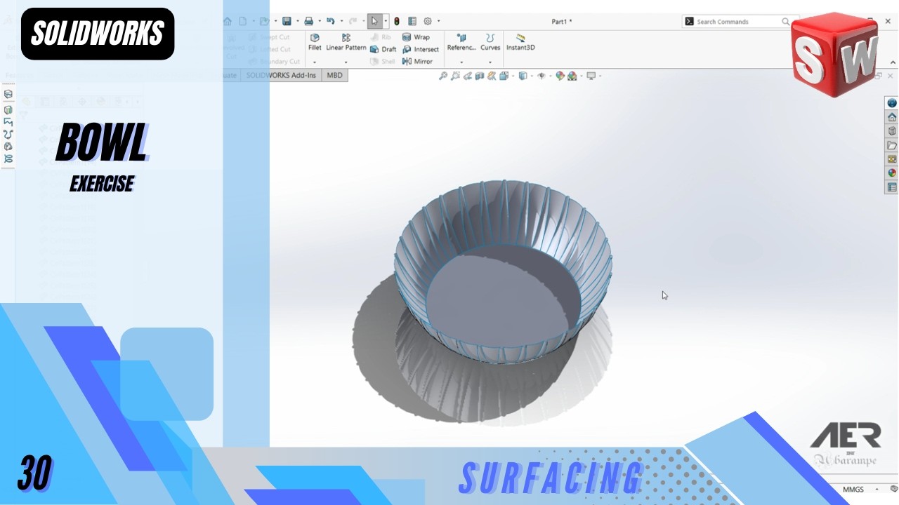 Чаша (упражнение) | Поверхностное моделирование | Учебное пособие по Solidworks | Этап №30, инжен...