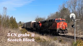 A trio of Canadian National trains at Scotch Block ON. 3132024