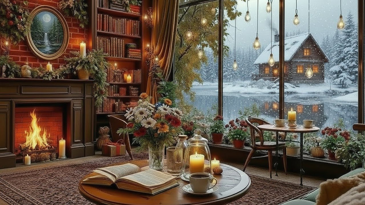 Winter Jazz Music & Snowfall for Working Cozy Lakeside Coffee Porch ...
