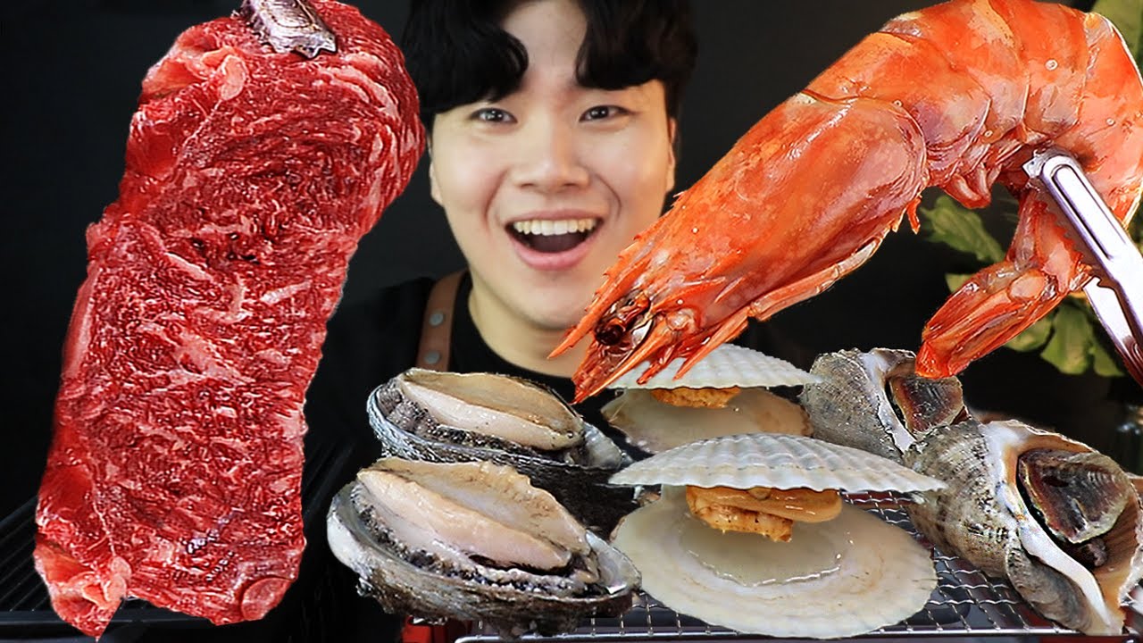 ASMR MUKBANG 대왕 블랙타이거 새우, 스테이크, 가리비, 전복, 소라 다양한 해물 구이 먹방! SEAFOOD SHRIMP STEAK EATING SOUND Hải sản