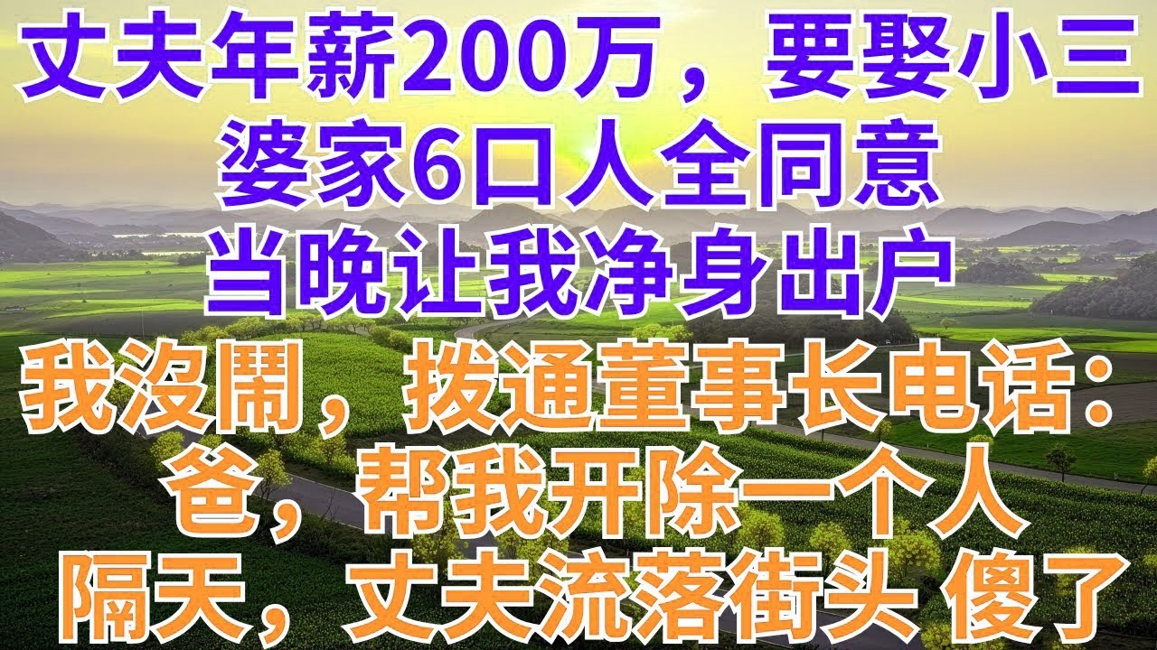 丈夫年薪200万，要娶小三，婆家6口人全同意，当晚让我净身出户，我沒鬧，拨通董事长电话：爸，帮我开除一个人隔天，丈夫