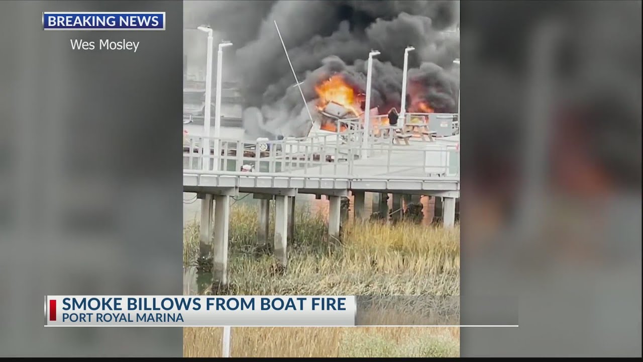 Large boat catches fire at Port Royal Landing Marina