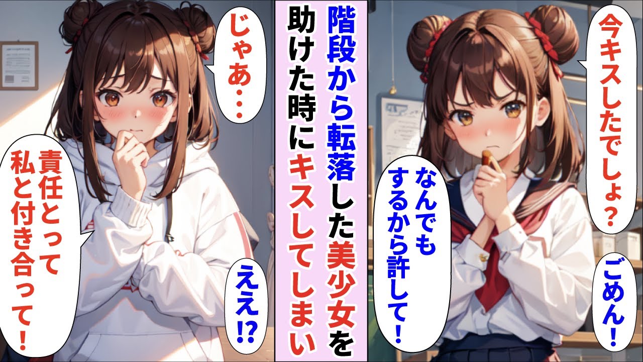 【漫画】学校で1番の美女が階段から転落→地味な俺が助けた拍子にキスしてしまい...【AI恋愛漫画💘うさみみちゃん】【恋愛マンガ】