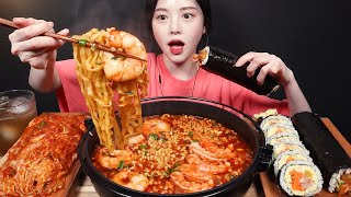 SUB)Spicy Buldak Ramyeon with Huge Shrimp Mukbang! Egg Spam Kimbap, Shrimp Kimbap Homemade Food Asmr