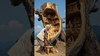 Grandpa Carves an Entire Village Inside a Tree Trunk 🌳🏡 | Incredible Wood #WoodArt#TreeTrunkArt