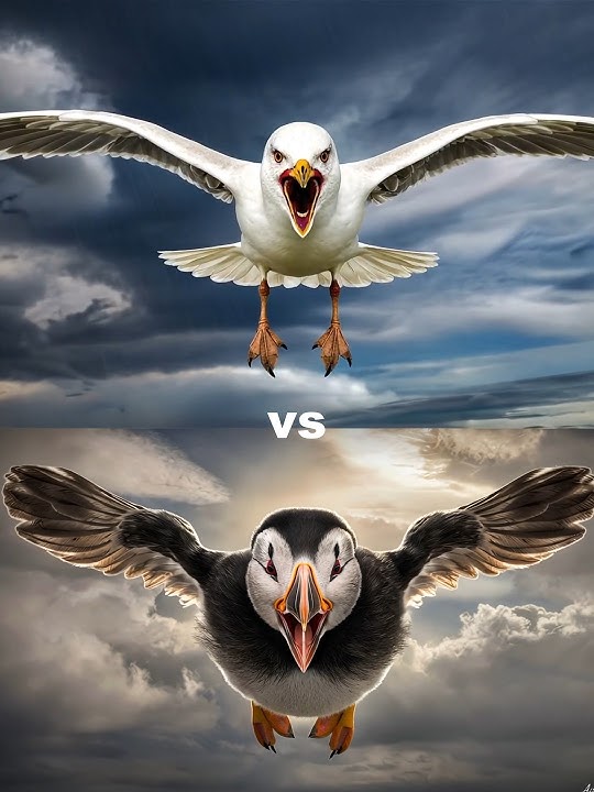 Seagull vs Atlantic puffin vs ( falcon, crow,  owl, Duck, pigeon).
