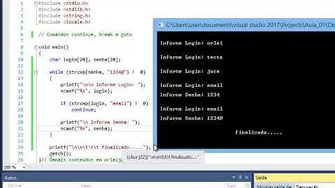 Comandos: continue, break e goto em C - Visual Studio 2017