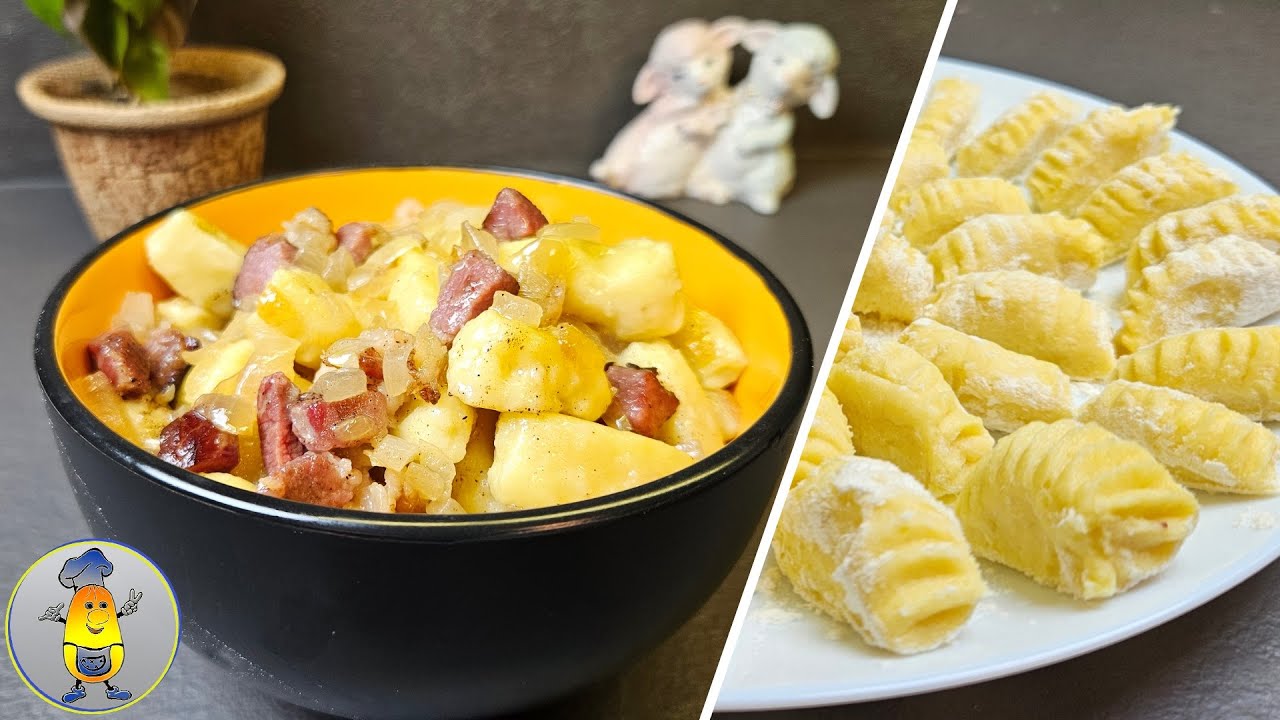 Galushki de patata onduladas con chicharrones y cebolla