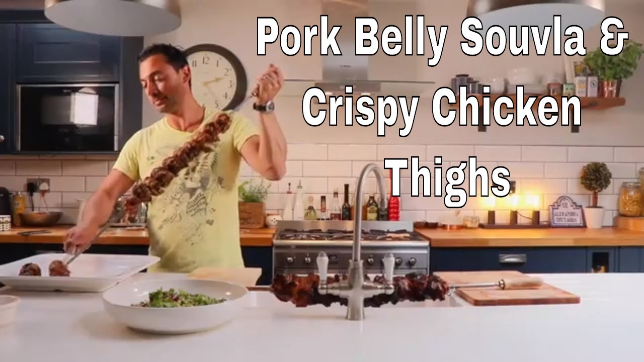 ⁣Slow Cooked Pork Belly Souvla and Crispy Chicken Thighs with Asian Slaw