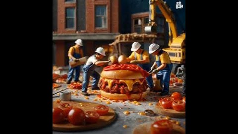 Hyper-realistic macro shot of tiny construction workers crafting an enormous burger.