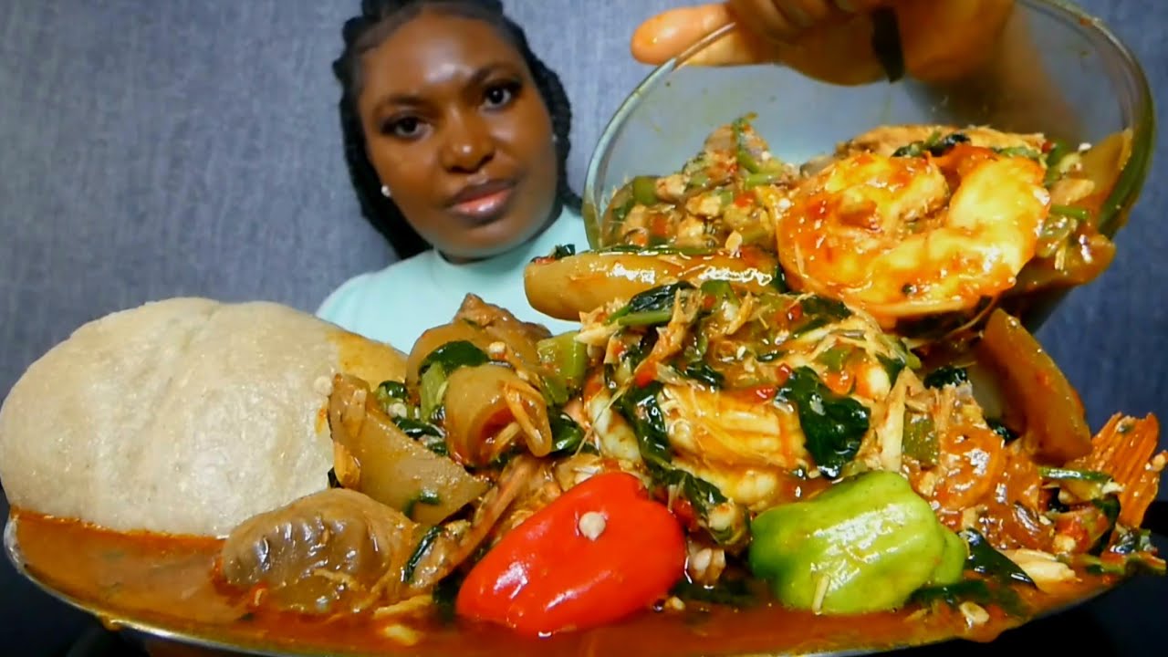 Asmr mukbang delicious spicy okra soup with assorted meat and cassava fufu