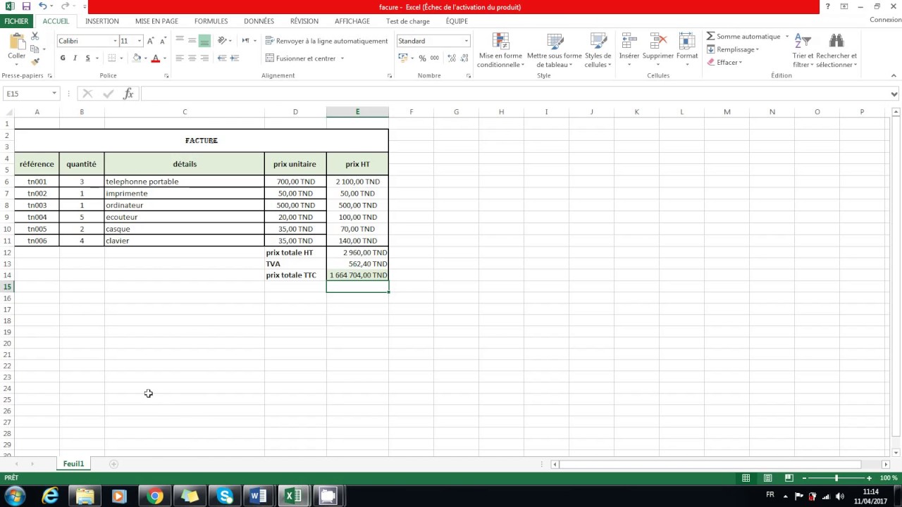 comment faire un tableau de facture sur Excel? - YouTube