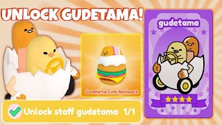 How to Unlock Gudetama Staff Card! | Gudetama Cute Backpack | Roblox My Hello Kitty Cafe | Riivv3r