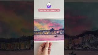 Watercolor Painting - HK Skyline Sunset WIP , tape peeling #shorts screenshot 1