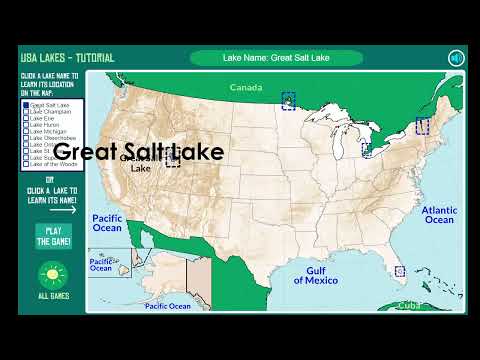 Learn the lakes of the USA and their locations on the map!  An Interactive Map Geography tutorial.