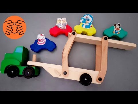 Learning Colors for kids with Wooden Toy Car Transporter Truck Hello Kitty Doraemon