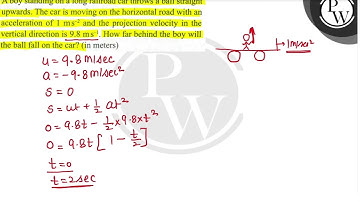 A boy standing on a long railroad car throws a ball straight upwards. The car is moving on the h...