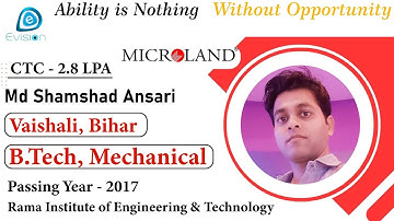 Congrats, Md Shamshad | Selected in MICROLAND | 2.8 LPA | MECHANCAL ENGINEER, PoY 2017 | Vaishali