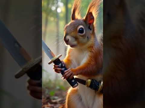 A samurai squirrel defends a misty bamboo grove at dawn, katana gleaming. Photorealistic 4K,