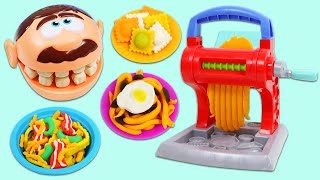 Feeding Mr. Play Doh Head Dinner Time Meals with DIY Play Dough Pasta Maker Arts and Crafts!